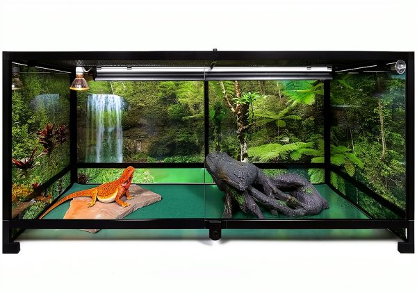 Reptile Habitat Background; Rain Forest, Waterfall, Red Leaves, for 48Lx24Wx24H Terrarium, 3-Sided Wraparound-1
